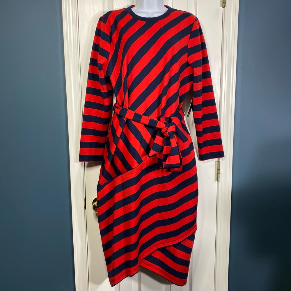 Eloquii Asymmetrical Striped Navy and Red Dress